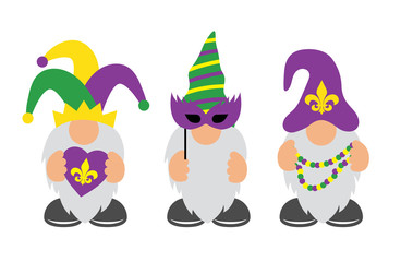 Mardi Gras Gnomes with mask, fleur de lis, & heart © bearsky23