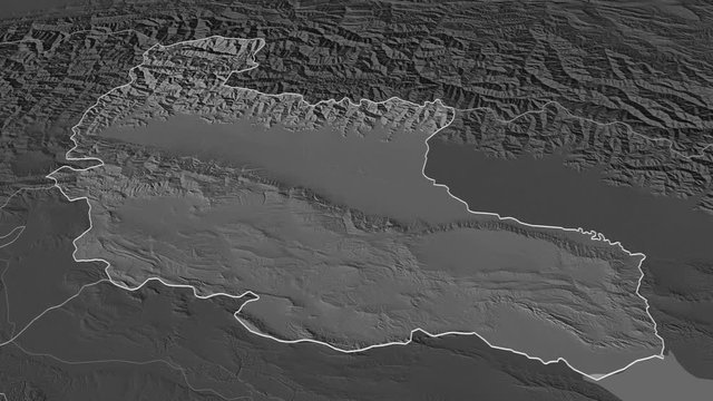 Kakheti, region with its capital, zoomed and extruded on the bilevel map of Georgia in the conformal Stereographic projection. Animation 3D