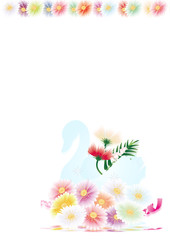春の花いっぱいスワンの器にガーベラのカラフルな花のイラスト縦スタイルホワイト背景素材