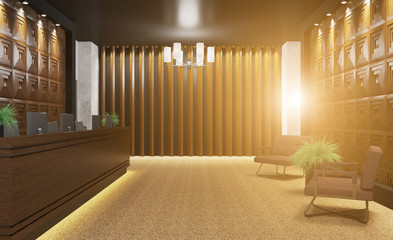 interior of a business center in the style of a wooden loft. Lobby with elevators.. 3D rendering.. Sunset