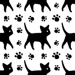 raster seamless black and white pattern with kitten