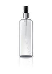 Clear square cosmetic bottle with spray head and silver ring for beauty or healthy product. Isolated on white background with reflection shadow. Ready to use for package design. Vector illustration.