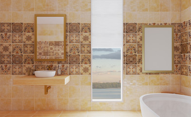 Scandinavian bathroom, classic  vintage interior design. 3D rendering.. Empty paintings