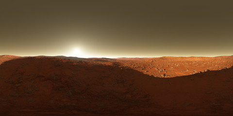 Red planet Mars, 360 degree HDRI map. Dry, cold Martian surface. Stone field. Equirectangular projection, spherical panorama