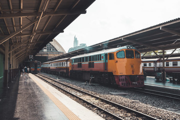 Fototapeta premium Bangkok Thailand, February 12 2020, Train is parking on platform in Bangkok train station