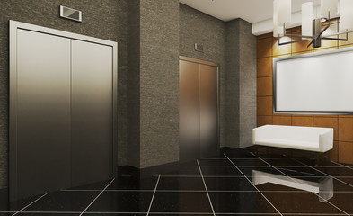 View of the reception. Large secretary desk with monitors. White leather sofa for visitors. Lift hall.. 3D rendering. Mockup.   Empty paintings