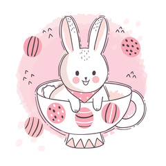 Cartoon cute Easter Day, White rabbit and coffee cup vector.