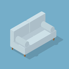 Scandinavia minimal interior. Isometric  couch isolated on blue background. Norwegian living room design. Comfortable cozy home. Vector illustration