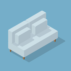 Scandinavia minimal interior. Isometric  couch isolated on blue background. Norwegian living room design. Comfortable cozy home. Vector illustration