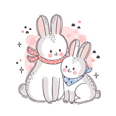 Cartoon cute adorable family white rabbits vector.