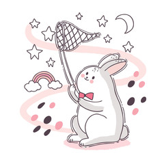 Cartoon cute adorable white rabbit catching star in the sky vector.