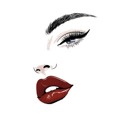 sensual face with red juicy lips and eye art - obrazy, fototapety, plakaty