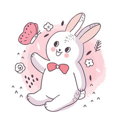 Cartoon cute adorable white rabbit and  butterfly vector.