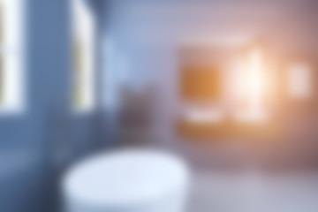 Unfocused, Blur phototography. Bathroom with large mirror, steel radiator and wide sinks.. Sunset. 3D rendering