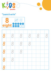 Learning numbers. Learn and write numbers. Easy colorful worksheet for preschool, elementary and middle school kids.