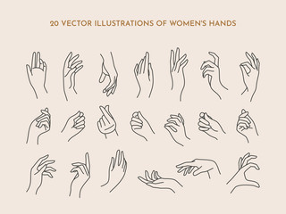 A set of icons women's hands in a trendy minimal linear style. Vector Illustration of female hands with various gestures - 322778688