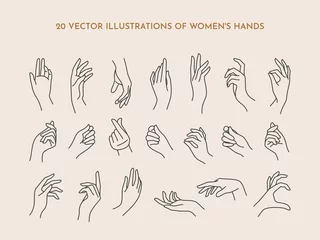 Fotobehang A set of icons women's hands in a trendy minimal linear style. Vector Illustration of female hands with various gestures © Sini4ka