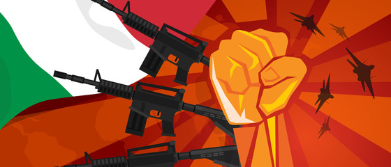 Italy war propaganda hand fist strike with arm plane and flag. Vintage red symbol of aggression and rebellion