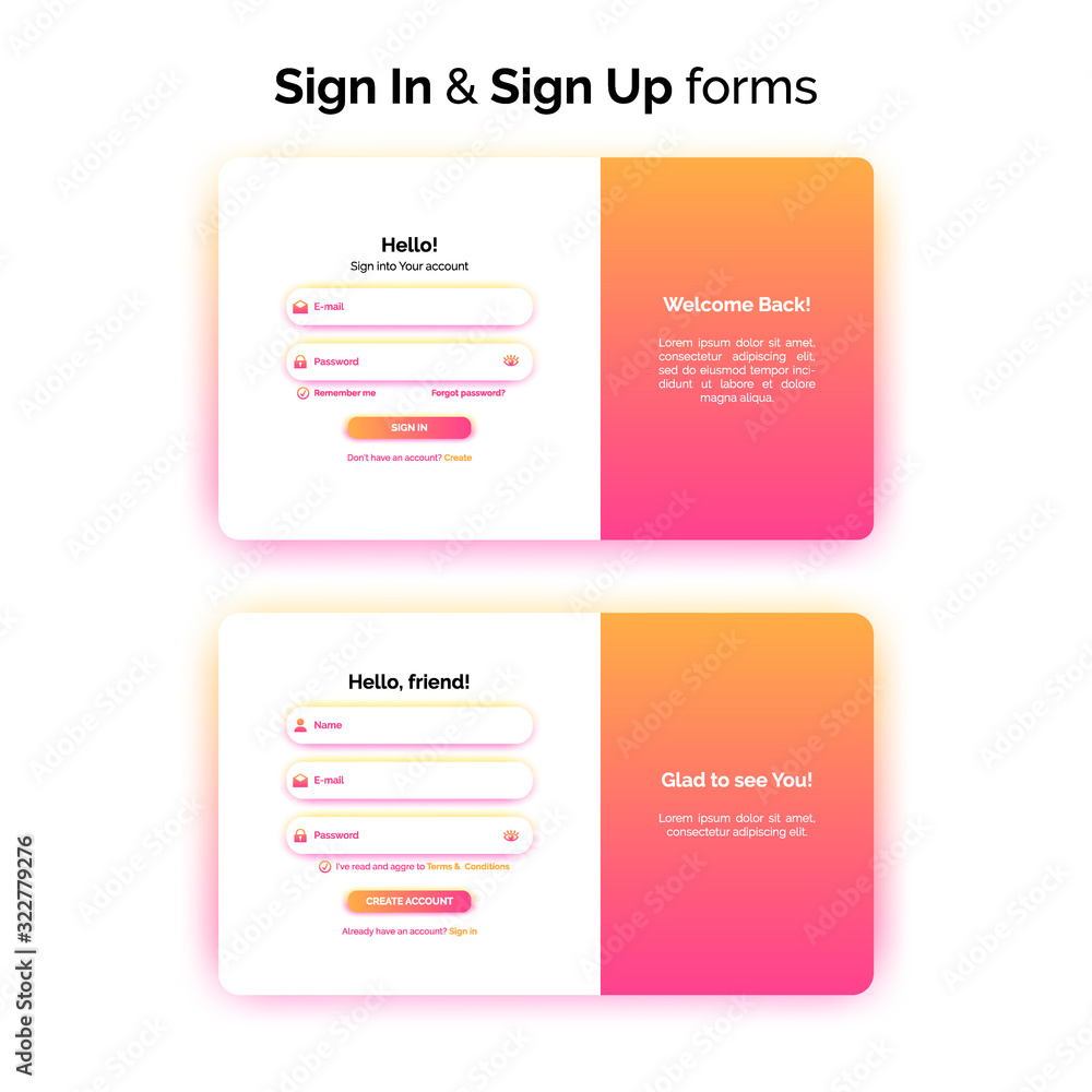 Wall mural sign in and sign up forms, web design, registration and login interface with gradient, vector illust