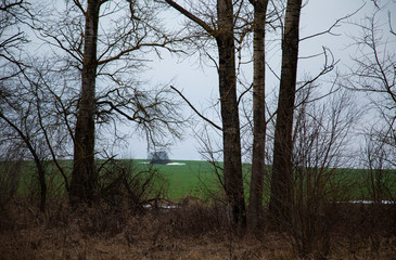 Cloudy spring landscape in the Kaluga region, Russia.