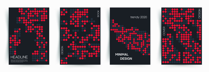 Set of covers. Minimal abstract design in the matrix style with red and gray chaotic dots on black background. This is design for book, cover, leaflet and other ideas. Eps 10 © Nikolaj Whiters