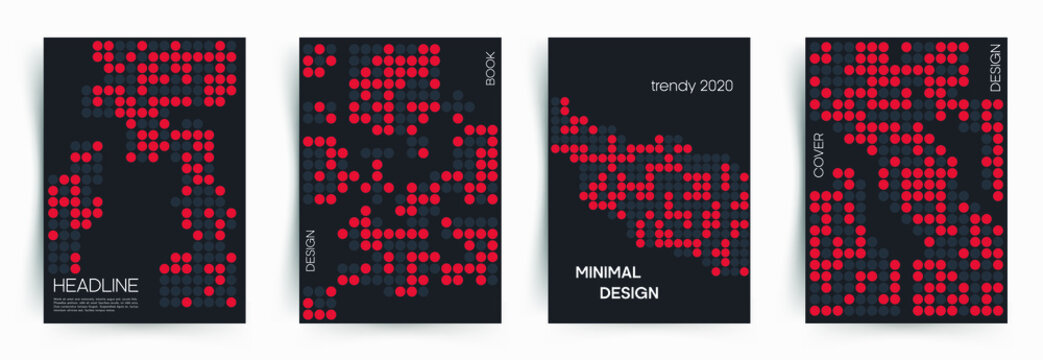Set of covers. Minimal abstract design in the matrix style with red and gray chaotic dots on black background. This is design for book, cover, leaflet and other ideas. Eps 10