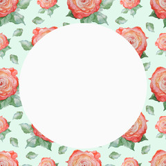 
Bouquet, wreath, round frame. Roses, flowers, leaves, stems. Hand drawn watercolor illustration with roses. Red flowers in buds with leaves. Composition in a circle on a white background. Blooming, s