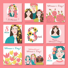 International Women's Day. March 8. Vector big set templates for card, poster, posts in social networks and other.