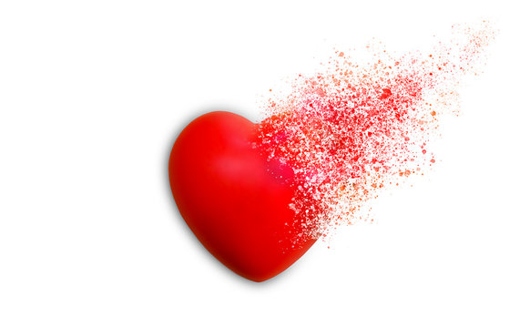 Red heart dispersion photo retouch isolated on white background