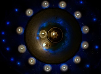  candles around a snow-covered vase in the darkness