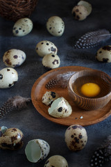 Quail eggs on a dark grey background