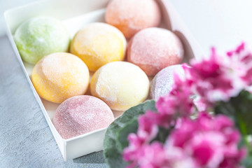 Japanese ice cream Mochi in rice dough. Traditional Japanese dessert on white background.