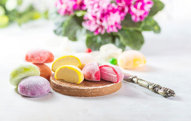 Japanese ice cream Mochi in rice dough. Traditional Japanese dessert on white background.
