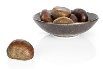 Group of five whole edible brown chestnut in glazed bowl isolated on white background