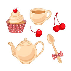 Vector collection with tea pot and cupcake