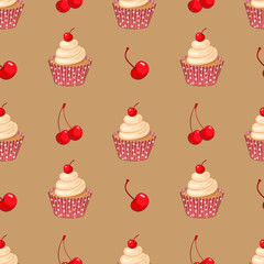 Vector pattern with cupcake and cherries