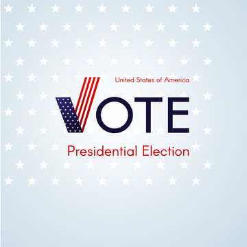 US presidential election Voting 2020 Text Vote with a tick USA flag on a light background stars Patriotic american flag theme Banner poster card USA Presidential Election checkmark vote sign Vector