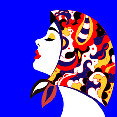 Young woman model in profile in pop art style. Sexy girl for advertising in a bright scarf with a print