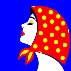 Young woman model in profile in pop art style. Sexy girl for advertising in a bright scarf with a print