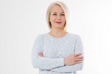 Happy beautiful close up portrait middle age blonde woman. Mid aged healthy female isolated on...