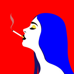 Young woman model in profile in pop art style. Sexy girl for advertising with bright hair and a cigarette