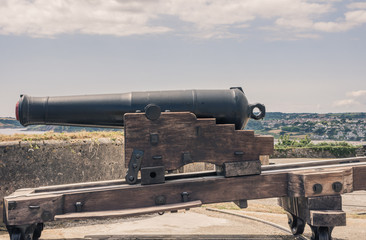 Fototapeta na wymiar Cannon at the Pendennis Castle, Falmouth, Cornwall, England. 