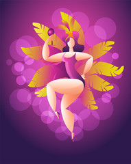 Happy girl dancing samba. Beautiful Brazilian woman in festive costume with feathers. Vector Illustration on a bright background.