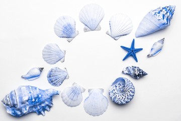 Summer holidays background. Frame of trendy aquamarine light blue pastel color seashells, starfish isolated on white backdrop. Summer is coming concept