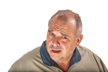 Disbelief expression portrait of a senior man isolated on white background