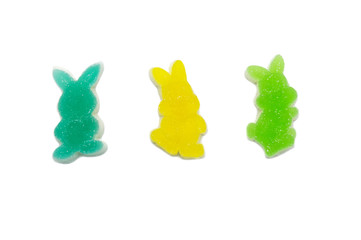 Gelatin bright jellies candy colorful .Rabbit design, Sweets gummy sugary tasty. Soft gums viewed from above. Isolated on white background.