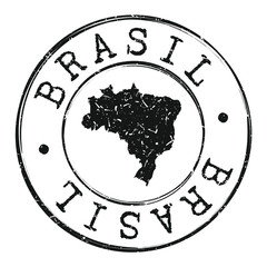 Brazil Map Silhouette. Postal Passport Stamp Round Vector Icon.