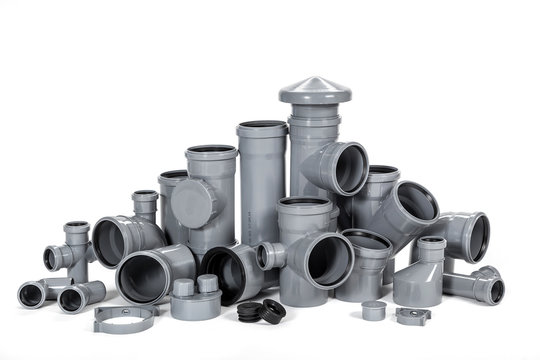 Assorted PCV sewage parts shot over white background