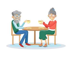 Elderly couple drink coffee. Old people sitting at a table and enjoying time together over a cup of aromatic coffee, tea. Happy grandparents together cartoon vector illustration