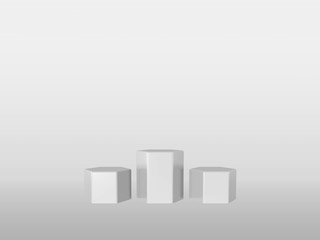 Product stand, octangle shape, reflecive, minimal white. 3D Rendering. Studio